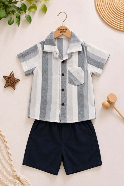 dinamik çocuk Boy's Colorful Summer Short Sleeve Shirt with Satin Shorts 2-Pi...