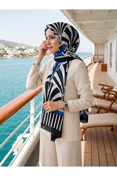 Vissona %100 Saf İpek Şal İnce Saten Vual Dokuma Yelpaze Desenli Saks - Siyah...