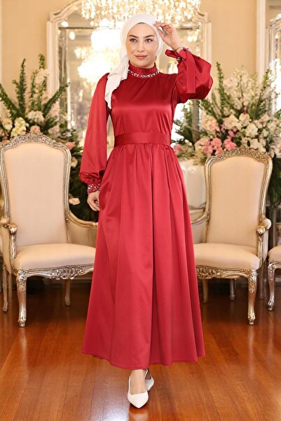 Missvalle Pearl Satin Evening Dress Burgundy 19121