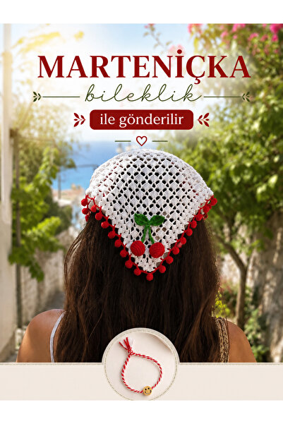 Seyn Accessory Kadın Kirazlı Örgü Bandana Ponponlu Tığ İşi Yazlık Saç Bandı E...