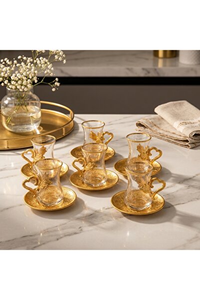 Generic Turkish Tea Set for 6 People – Glass Cups with Gold-Colored Holders &...