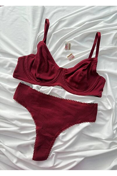 İNKO İÇ GİYİM Plus Size Cotton Burgundy Camisole Bra Set