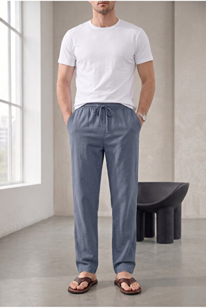 TheSeason Men's Sis Blue Cotton Linen Look Relaxed Fit Summer Trousers with T...