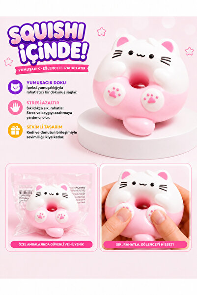 kruxon Kawaii Kedi Donut Squishy Oyuncak Pembe-Beyaz – Yumuşak, Strese Dayanı...