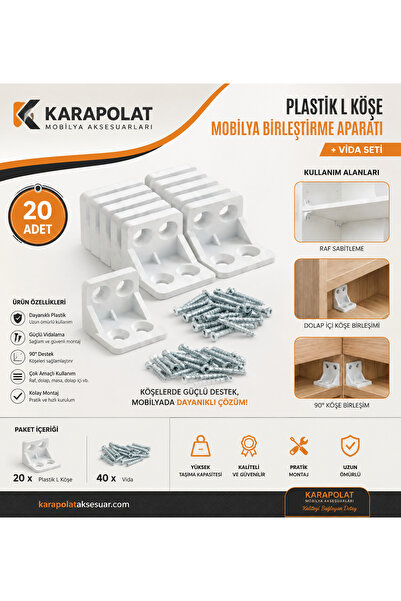 KARAPOLAT Plastik L Köşe Mobilya Birleştirme Aparatı | Mobilya Bağlantı Köşeb...