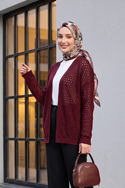Modamorfo Openwork Casual Knitwear Cardigan -Burgundy