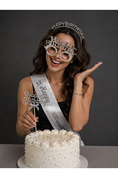 PARTİPORT Happy Birthday Party Set Silver Color Crown Glasses Cake Topper and Sash Birthday Accessory Sn-2028