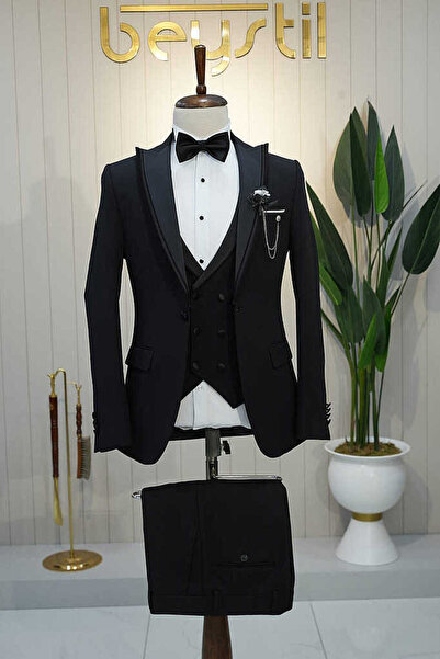 Beystil Erkek Sivri Yaka Siyah Damatlık ve Smokin Takım 10003 - Slim Fit