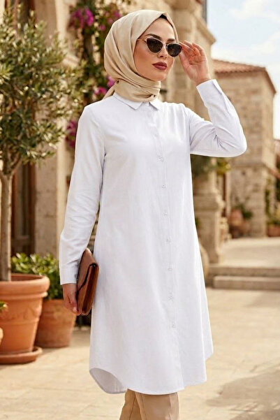 N.S NEVA STYLE Düğmeli Beyaz Tesettür Tunik 11751B