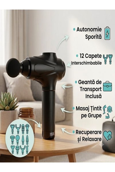 OEM Pistol de masaj muscular , profesional, 30 trepte de viteza, ecran LCD touch, indicator baterie, 12 capete interschimbabile, geanta transport, Plastic/Metal, culoare Negru