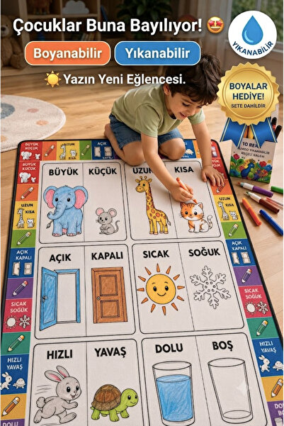 Eğitici Yıkanabilir Tekrar Boyanabilir Çocuk Odası Oyun Matı Boyama Halısı Boya Kalem Seti Hediye