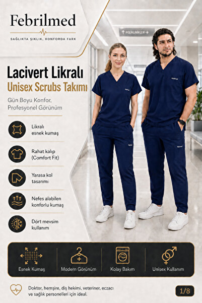 Febrilmed Lacivert Likralı Unisex Yarasa Kol Hemşire Ve Doktor Forması Takımı...