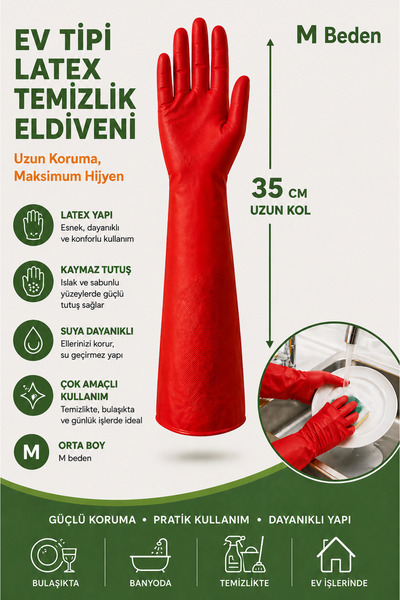 parın Uzun Konç - Kollu Latex Bulaşık Eldiveni 35 Cm Ev Tipi Temizlik Eldiven...