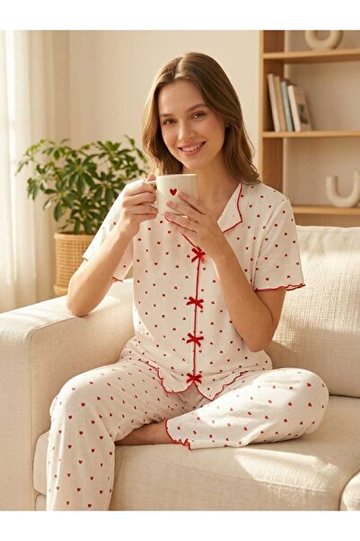Sude HOMEWEAR Дамски пижамен комплект с къс ръкав, с десен на червени сърца и...