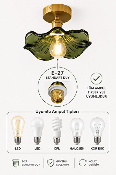 Luna Lighting Alya Model Yeşil Cam Klasik Salon Balkon Mutfak Oturma Odası Plafonyer Tekli Avize