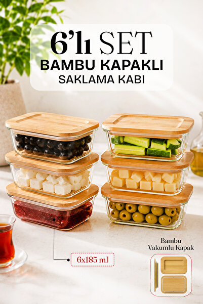 Karçiçeği Home 6-Piece Rectangular Bowl with Bamboo Vacuum Lid Glass Storage ...
