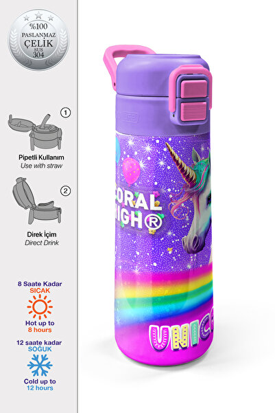 Coral High Kids Mor Unicorn Desenli Pipetli ve Direkt İçim Çelik Termos 500 m...