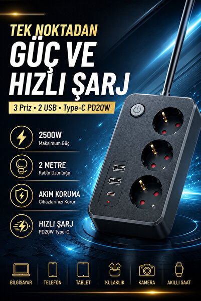 The Wlue 3'lü Akım Korumalı Priz 2500W | 2x USB-A + Type-C PD 20W | 2 Metre U...