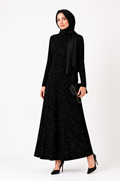 penyebizden Silvery High Collar Maxi Dress-Black