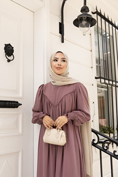 Berel Moda Hijab Dress Ferace Rose Dry Rose Cuff with Gipeli Detail V Roba Gathered Detailed Crepe Zipper Closure