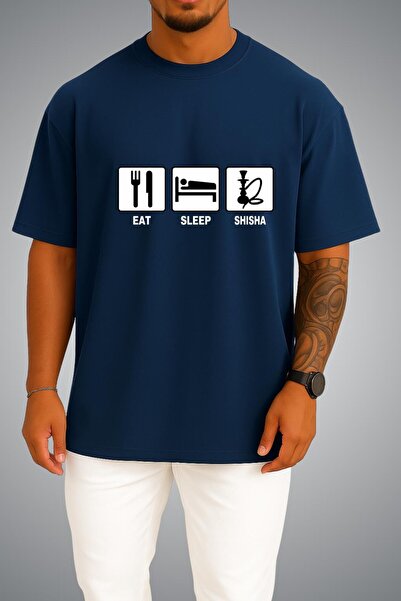 Bahriyeli Collection Oversize Eat Sleep Shisha Chest Printed Unisex T-Shirt