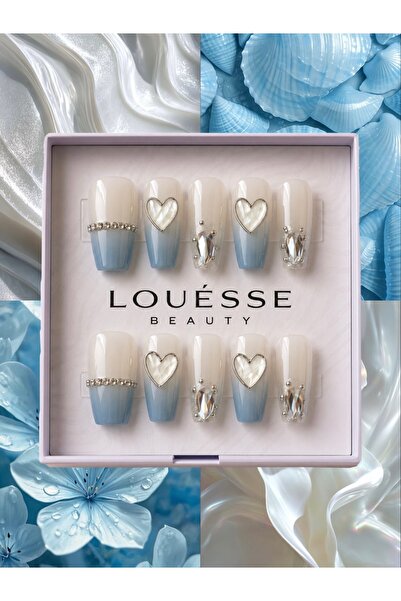 Louesse Beauty LOUÉSSE BEAUTY El Yapımı Takma Tırnak Mavi Ombre Kalpli Taşlı ...