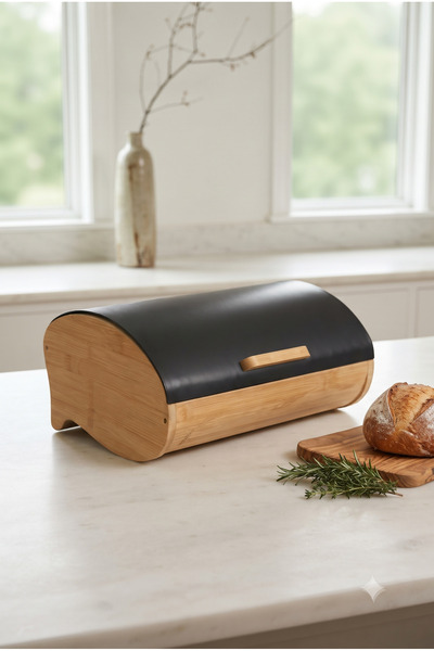 KLARHAUS Premium Bambu Tabanlı Metal Kapaklı Ekmeklik, %100 Doğal Bambu Taban...