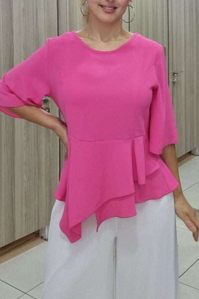 Maya Butik Fuşya Sıfır Yaka Kollar Volanlı Peplum Bluz - 21948