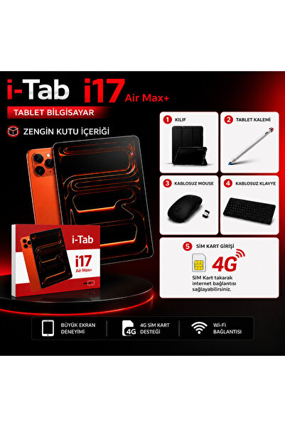 İ-TAB i17 Air Max+ Tablet Bilgisayar 4G SIM Kart Destekli Wi-Fi Kılıf Kalem K...