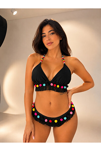Maser Püskül Detaylı Boncuk Askılı Üçgen Bikini Takımı