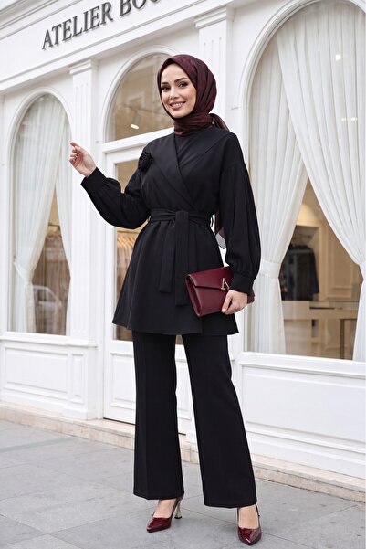 Modamorfo V-Neck Rose Brooch Belted Balloon Sleeve Pleated Elastic Waist Pant...