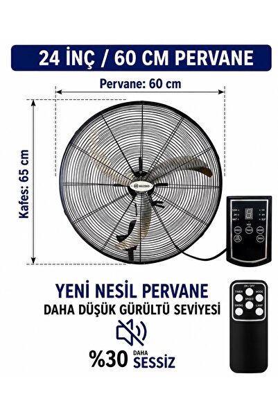 MUZEKO MZK600 24 ınç 60cm 160W KUMANDALI DUVAR TİPİ SANAYİ VANTİLATÖR EVDE KU...