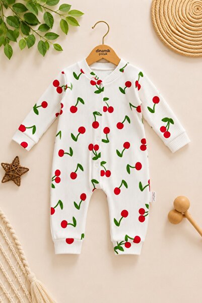 Baby Girl Big Cherry Report Printed Baby Jumpsuit Ribbed Snap Fastener Newborn 100% Cotton 1-3-6 Months