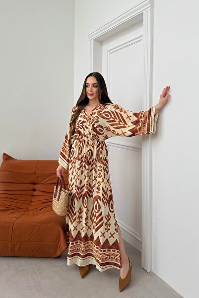 Generic Brand Rochie lungă de damă cu model alb cu decolteu dublu