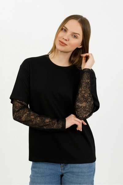 HDM Women's Black Sleeveless Lace Pack Crew Neck T-Shirt - H6060