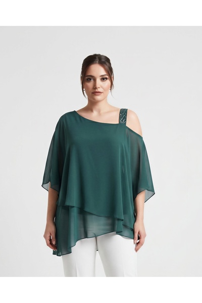 Moda Alba Yeşil Tek Omuz Taşlı Şık Şifon Kadın Büyük Beden Bluz