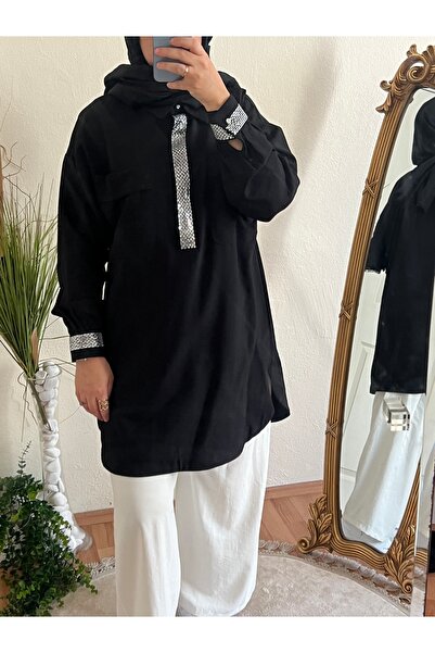 GÜZEL ÇARŞI Taş Detaylı Siyah Gmelk Tunik