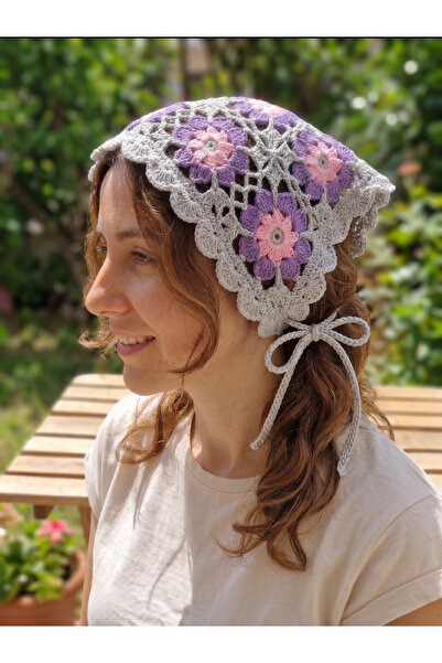 Craft El Örgüsü Çiçek Motifli Saç Bandanası - Bohem Örgü Gri Saç Aksesuarı - ...