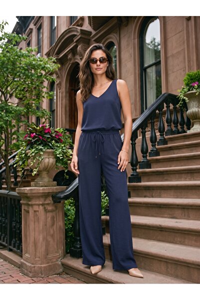 ONLOOX Navy Blue Cotton V-Neck Strap Blouse Wide Leg Palazzo Pants Top and Bo...