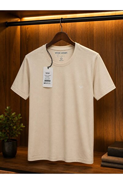 Erkek/Unisex Krem Rengi Pamuklu Basic Kısa Kollu Rahat Kalıp Tişört