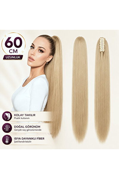 NeednStore Kadın Sarı Bej 60 cm Düz Tokalı At Kuyruğu Serisi Postiş - 1. Kali...