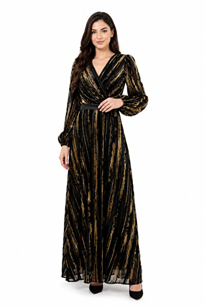 unbranded Women's Black Gold Jaafari Maxi Evening Dress with Metallic Stripe ...