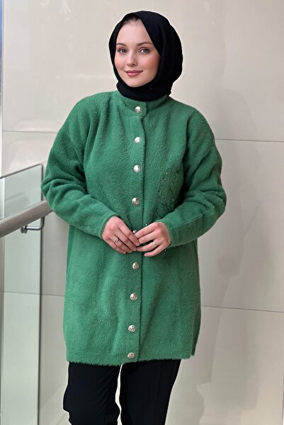 Nuss Önden Çıtçıtlı Pul Payet Çiçek Nakışlı Angora Hırka