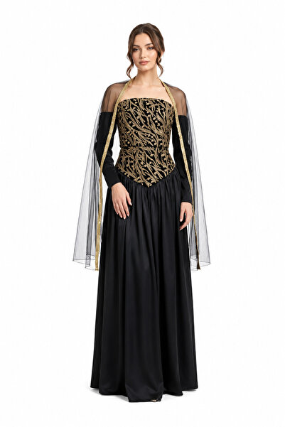 unbranded Women's Black & Gold Embroidered Maxi Evening Dress with Strapless ...