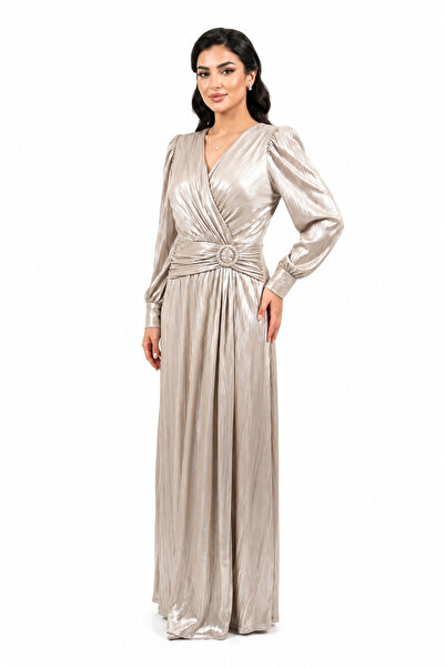 unbranded Women's Champagne Pleated Satin Maxi Evening Dress with V-Neck & Lo...