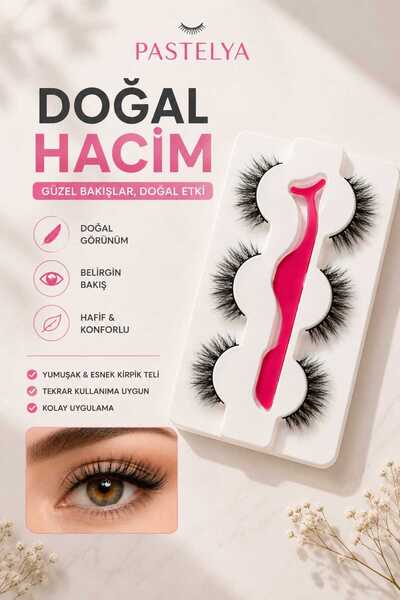 Pastelya 3 Çift Doğal İpek Takma Kirpik & Kirpik Takma Aparatı 3d-56