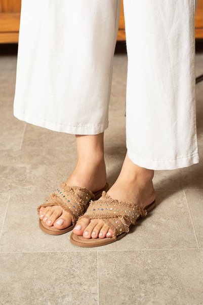 dabab shoes İnka Women's Straw Textured Bird's Eye Detailed Flat Tan Slippers