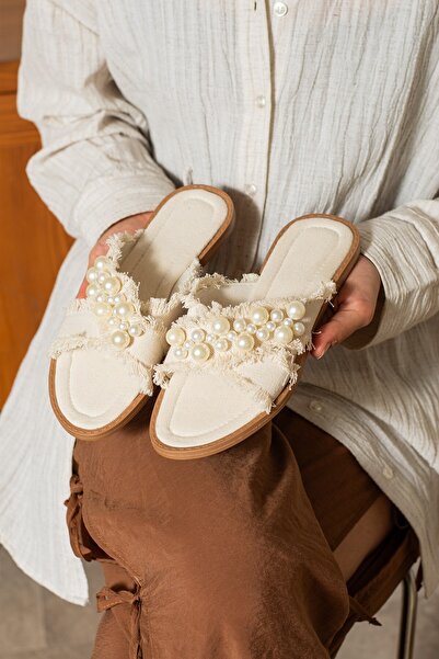 dabab shoes MIRELLA Дамски стилни пантофки в цвят екрю с перли