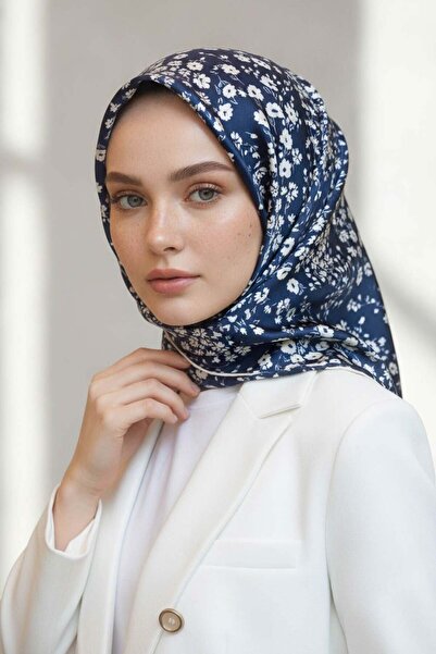 Vissona 100% Twill Silk Crispy Flower Patterned Navy Blue - Cream Colored 90X...