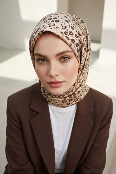 100% Twill Silk Crispy Flower Pattern Beige-Brown Color 90x90 Scarf Sewing Shape : Hand Sewing